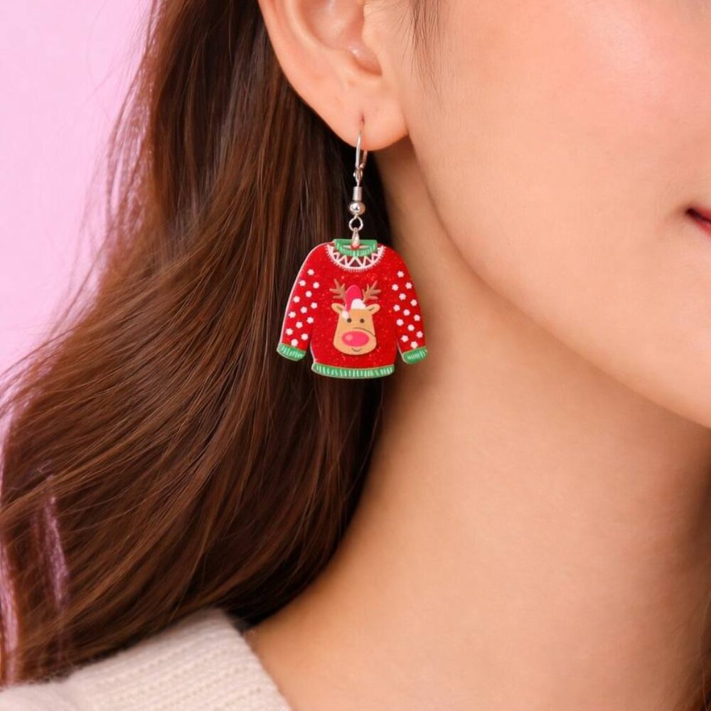 Christmas Sweater Reindeer Dangle Earrings Acrylic Holiday Jewelry - Picture 2 of 4